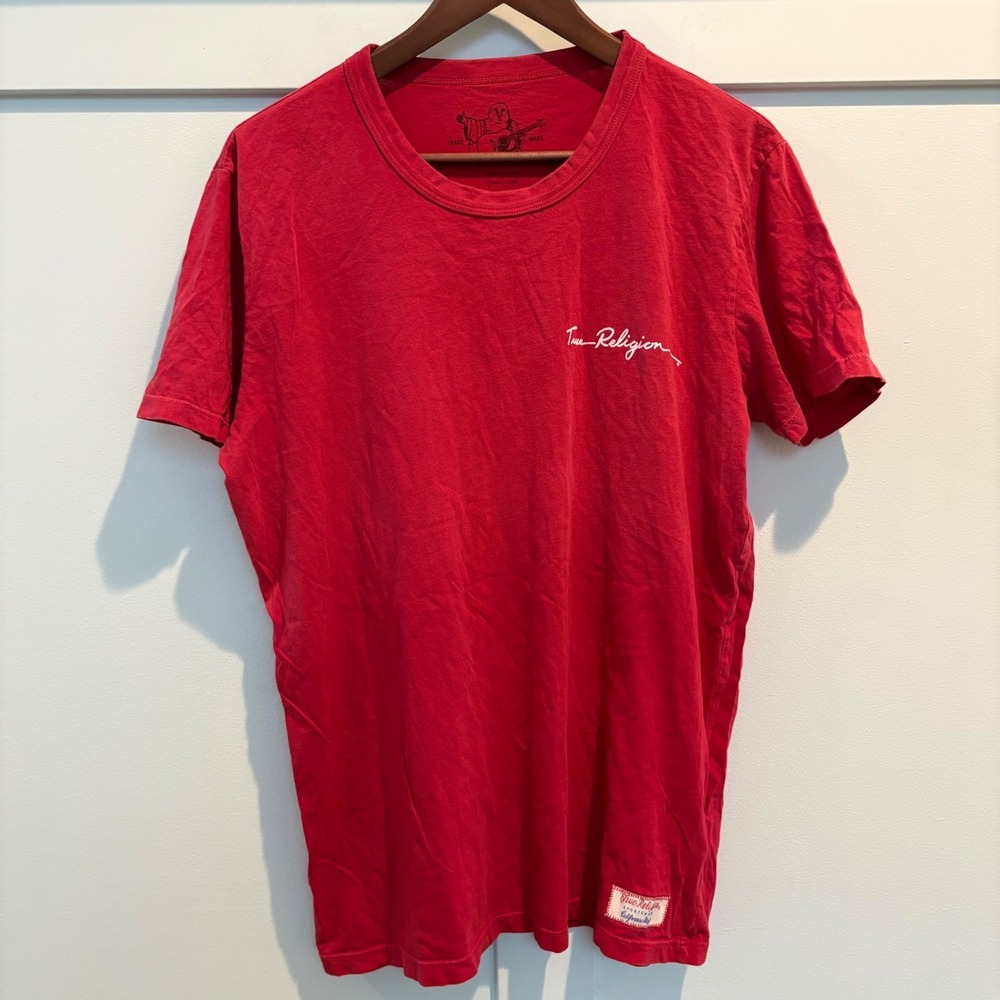 True Religion T-Shirt Mens Large Red Script Logo Short Sleeve Cotton USA Made